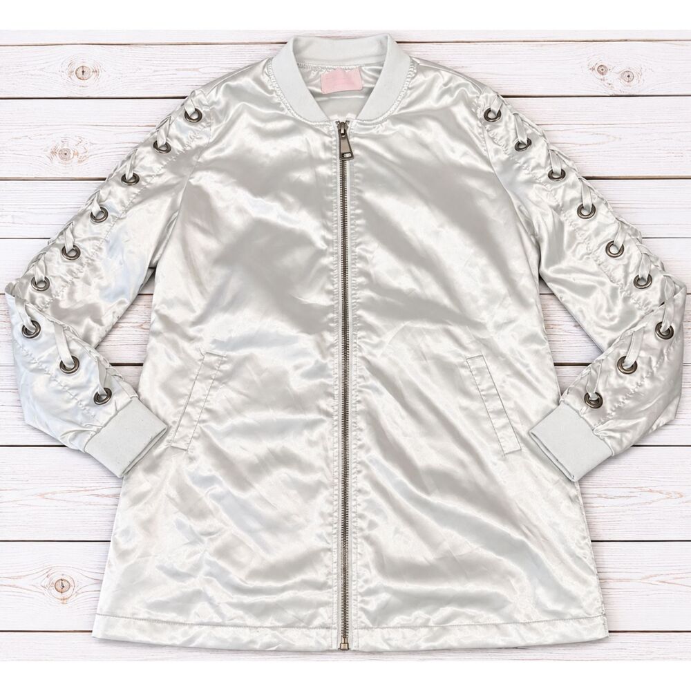 Love Tree Silver Satin Bomber Jacket Lace Up Grommet Sleeve Y2K Glam Size S 4877